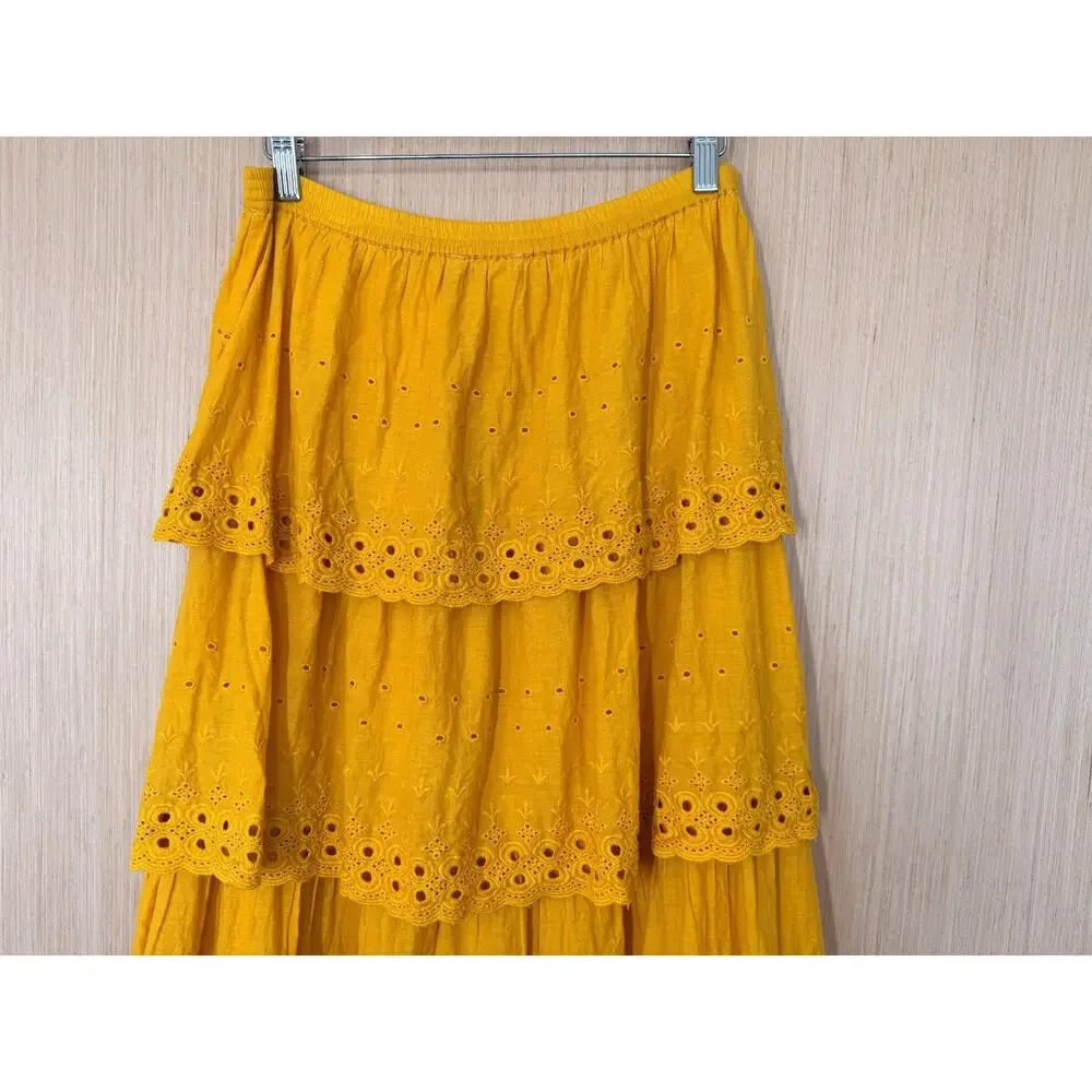 House Of Harlow 1960 Eyelet Tiered Maxi Skirt Size Medium Pull On Mustard Boho - Picture 5 of 11